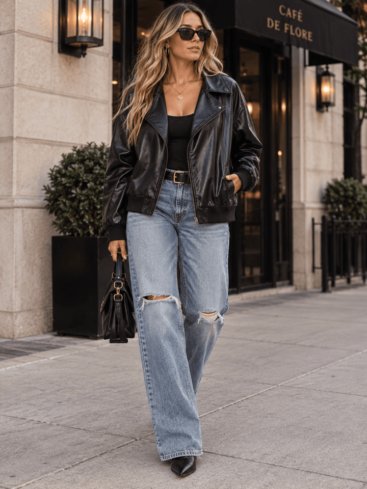 WOMEN'S LONG SLEEVE ZIPPER CLOSURE POCKETS PU PLEATHER JACKETS