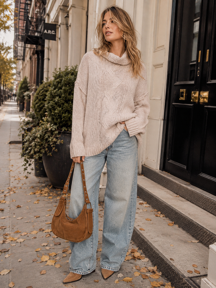 WOMEN'S LONG SLEEVE TURTLE NECK KNIT PULLOVER SWEATER