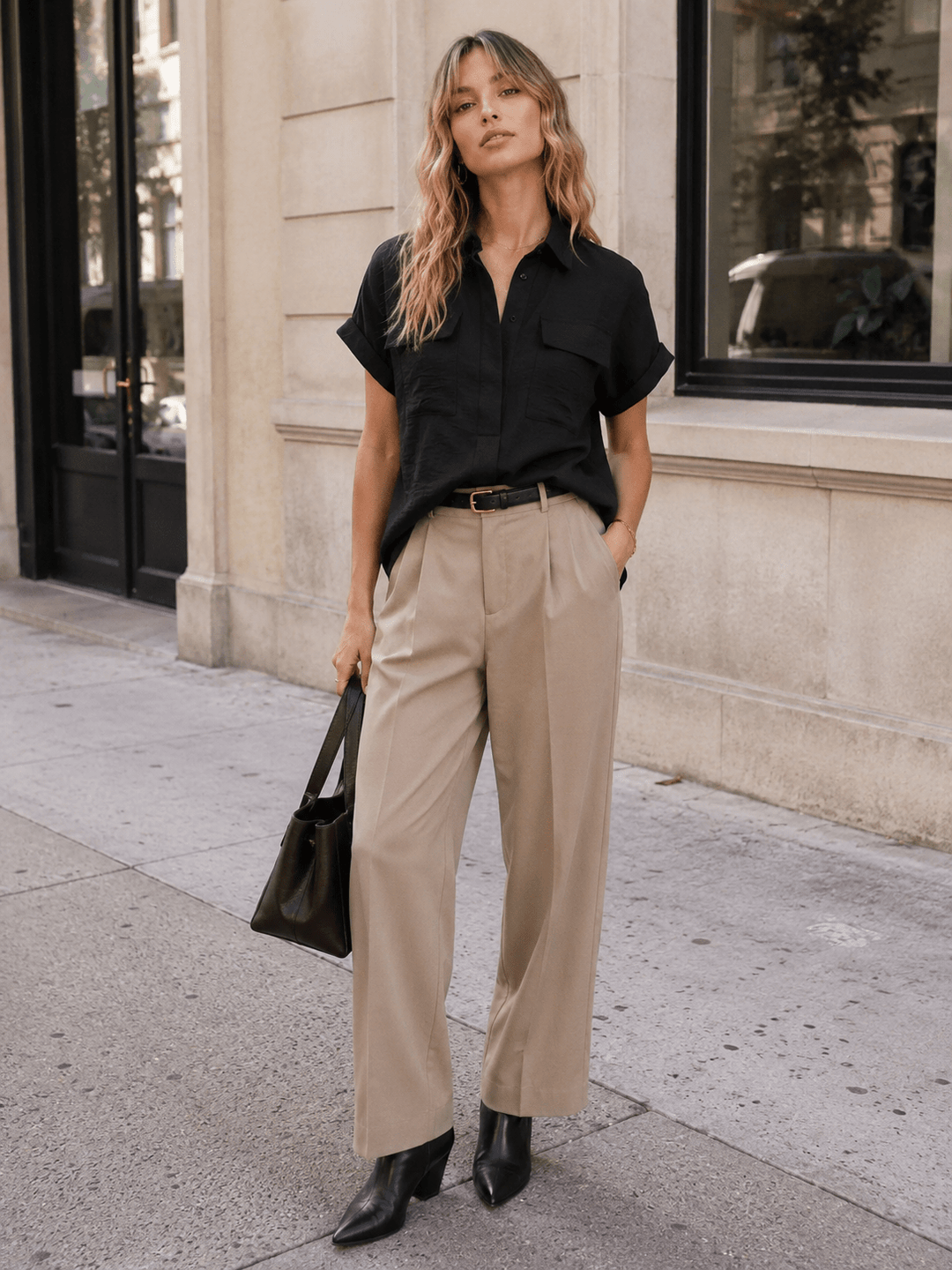 WOMEN'S SHORT SLEEVE BUTTON UP FRONT POCKETS BLOUSE