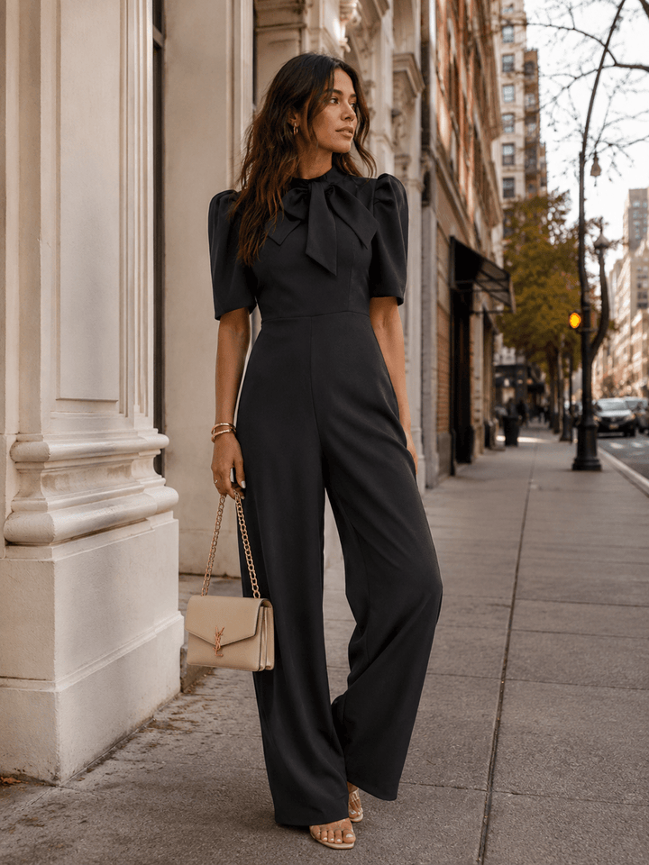 WOMEN'S SHORT PUFF SLEEVE BOW MOCK NECK WIDE LEG JUMPSUIT