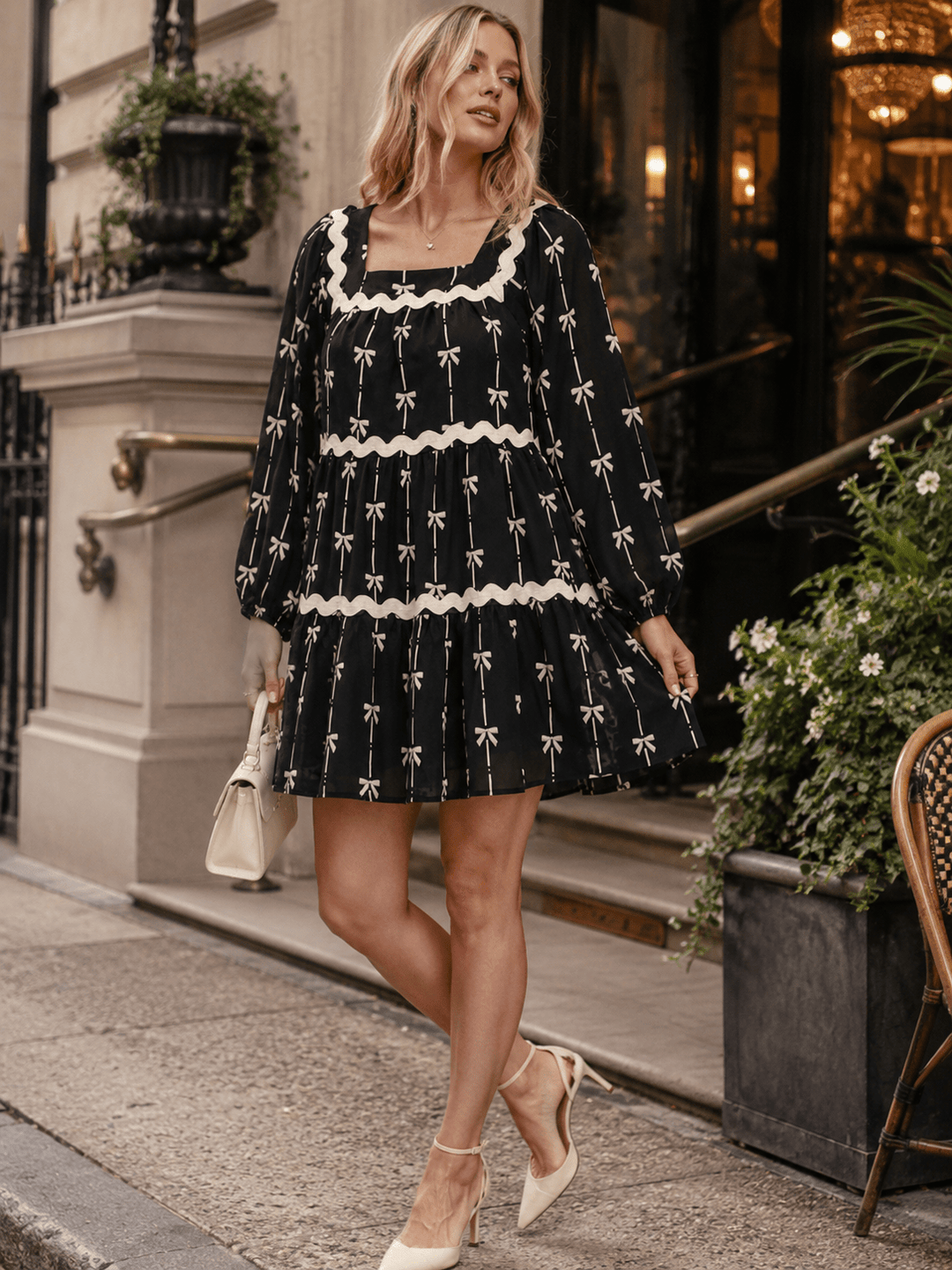 WOMEN'S LONG SLEEVE SQUARE NECK BOWS PRINT TIERED TUNIC MINI DRESS –
