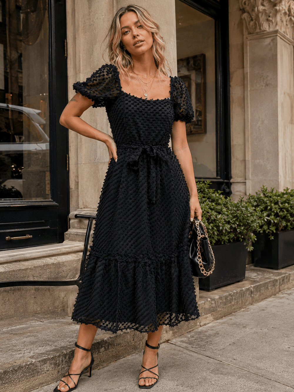 JUST ME WOMEN'S SHORT SLEEVE SQUARE NECK TIERED SWISS MAXI DRESS