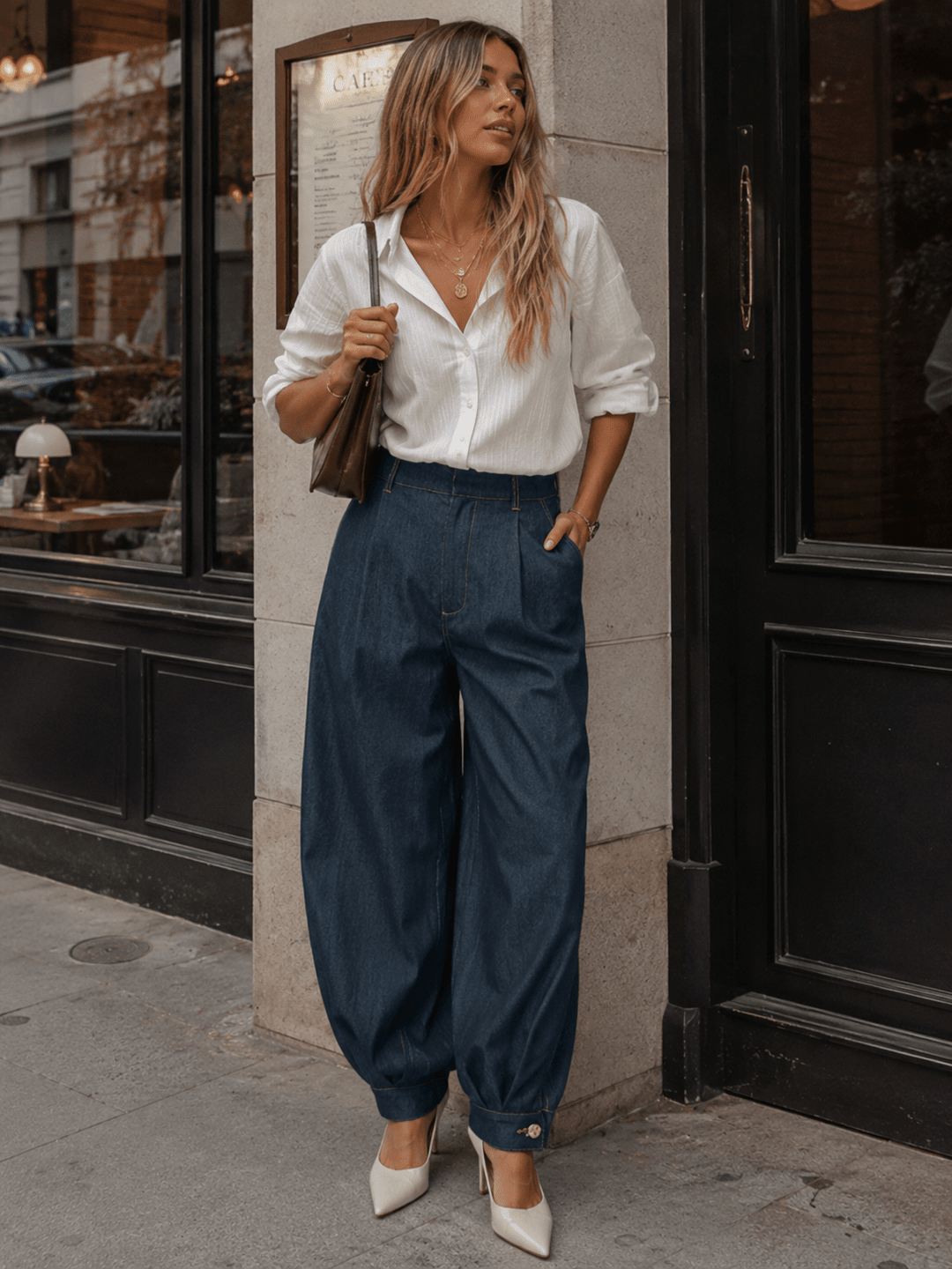 WOMEN'S ELASTIC WAIST BUTTON CLOSURE POCKETS JOGGER LEG PANTS