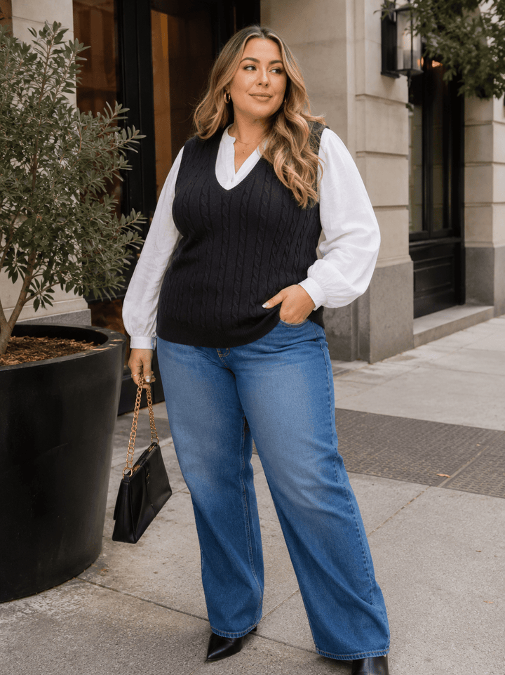 PLUS SIZE SLEEVELESS V-NECK CABLE KNIT SWEATER VEST