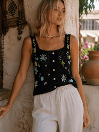 WOMEN'S SLEEVELESS BUTTON UP FLORAL KNIT TANK TOP