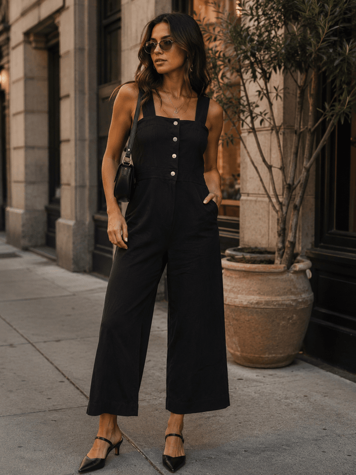 WOMEN'S SLEEVELESS BUTTON UP FRONT POCKETS STRETCH DENIM JUMPSUIT