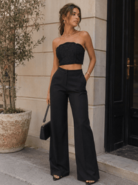 WOMEN'S SLEEVELESS SMOCK CROP TOP & BUTTON CLOSURE POCKETS WIDE LEG PANTS 2PC. SET