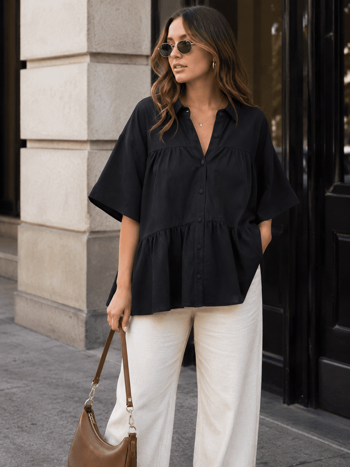 WOMEN'S SHORT SLEEVE BUTTON UP TIERED TUNIC TOP