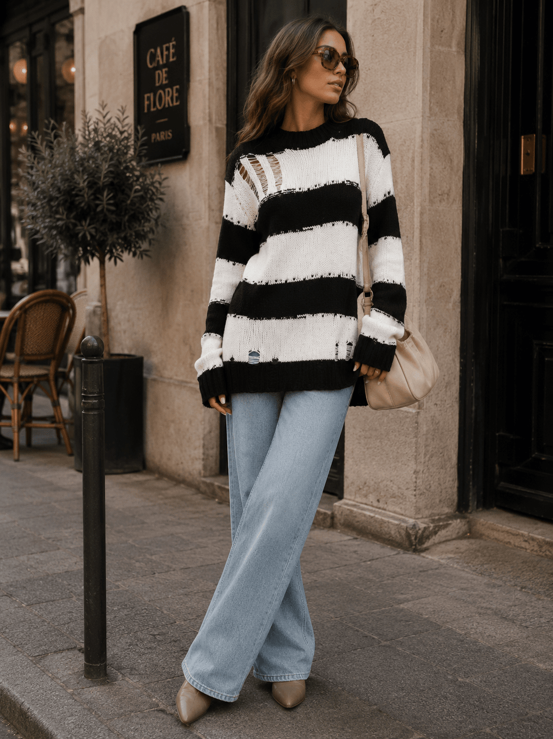 WOMEN'S LONG SLEEVE COLORBLOCK STRIPES PULLOVER KNIT DISTRESS SWEATER