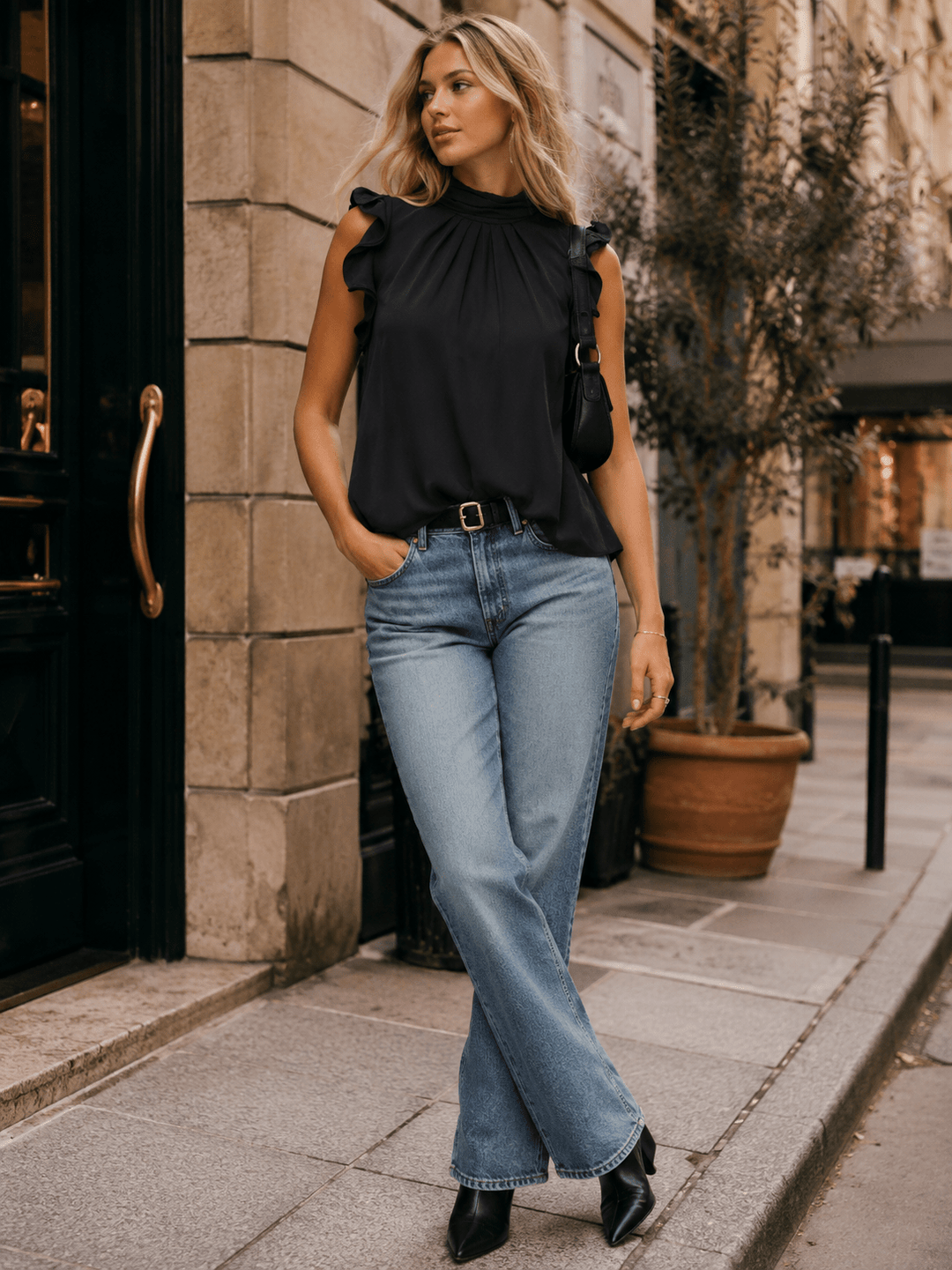 WOMEN'S RUFFLE SLEEVELESS MOCK NECK BLOUSE