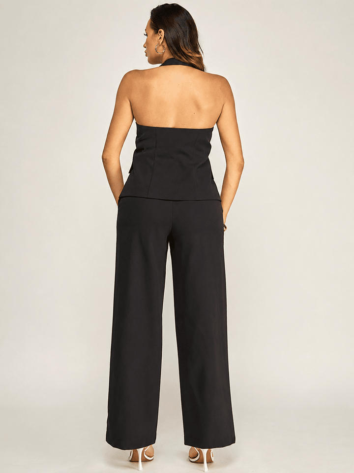 WOMEN'S HALTER NECK BUTTON CLOSURE TOP & BUTTON CLOSURE POCKETS WIDE LEG PANTS 2PC. SET