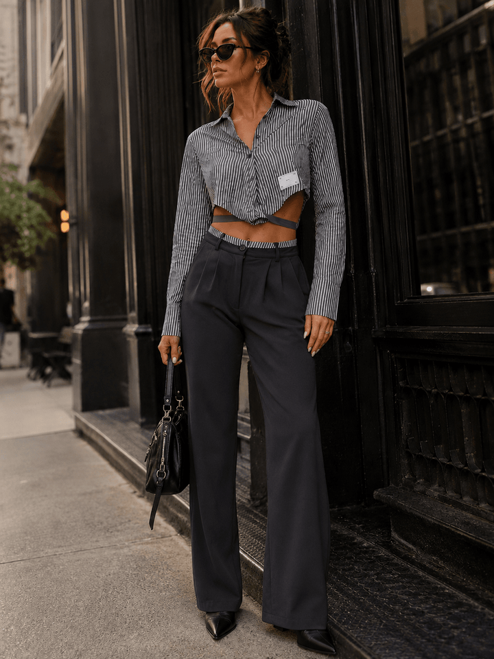 WOMEN'S LONG SLEEVE CROP TOP & BUTTON CLOSURE PANTS COLORBLOCK 2PC. SET