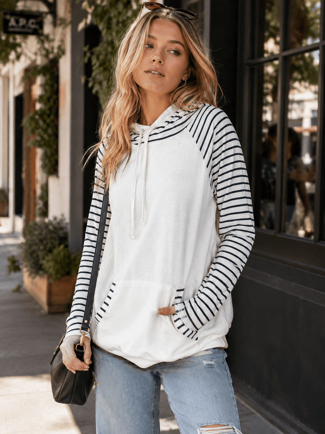 WOMEN'S LONG SLEEVE FRONT POCKET HOODED STRIPES COLORBLOCK TOP
