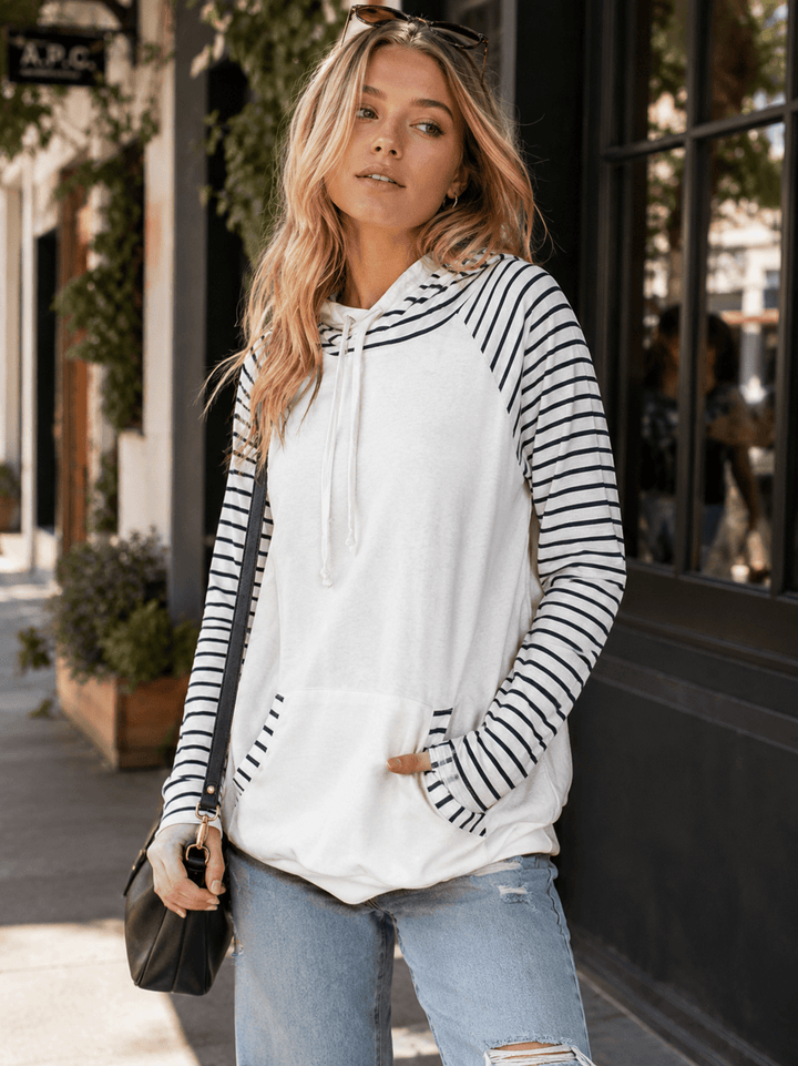 WOMEN'S LONG SLEEVE FRONT POCKET HOODED STRIPES COLORBLOCK TOP