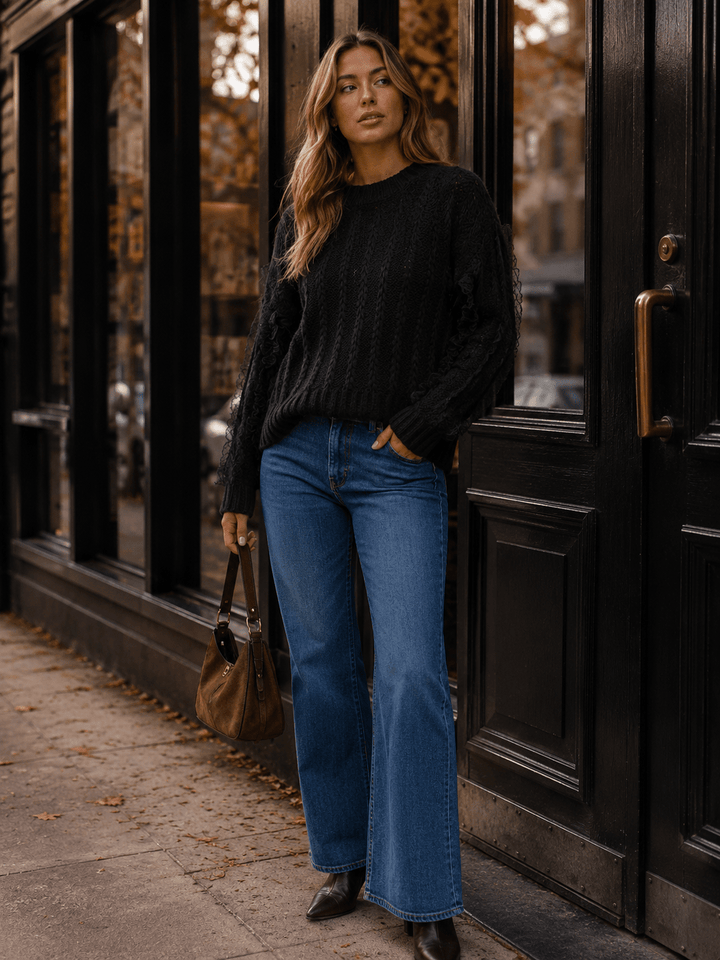 WOMEN'S LONG SLEEVE LACE TRIM KNIT PULLOVER SWEATER