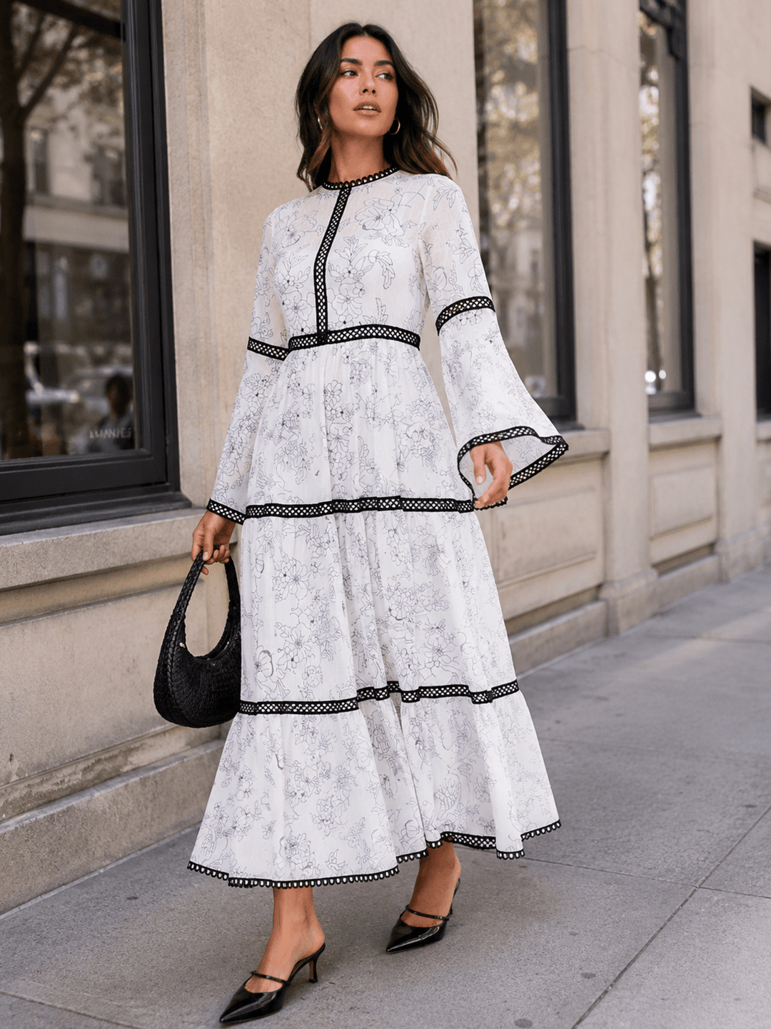 WOMEN'S LONG BELL SLEEVE TIERED FLORAL PRINT MAXI DRESS