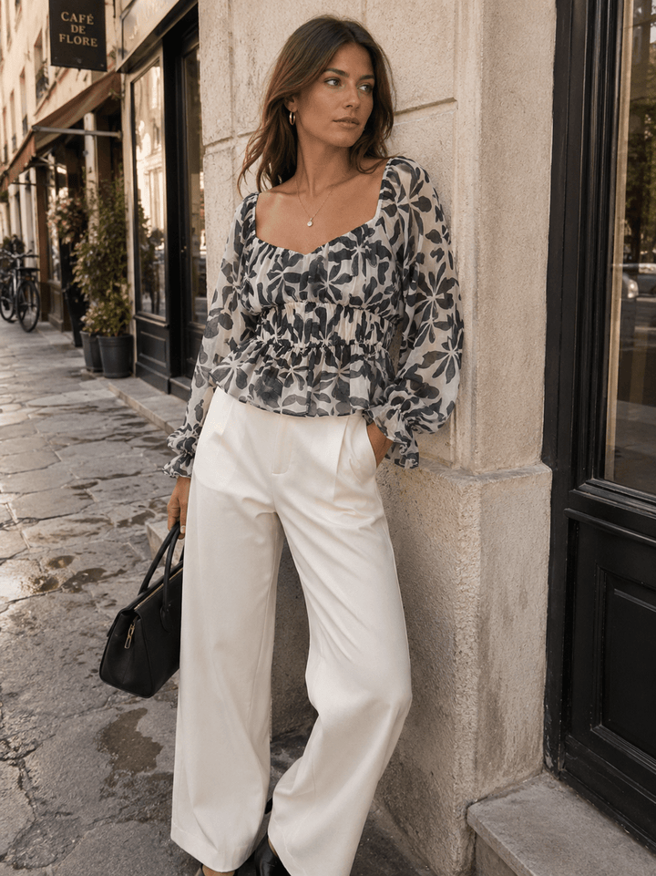 WOMEN'S LONG SLEEVE ELASTIC WAIST PEPLUM FLORAL PRINT BLOUSE