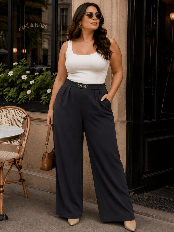 PLUS SIZE ZIPPER CLOSURE FRONT POCKETS WIDE LEG SOLID PANTS
