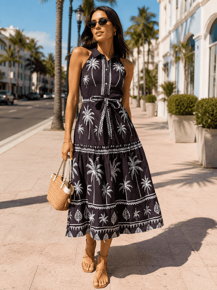 WOMEN'S SLEEVELESS HALTER NECK SELF TIE MULTI PRINT MAXI DRESS