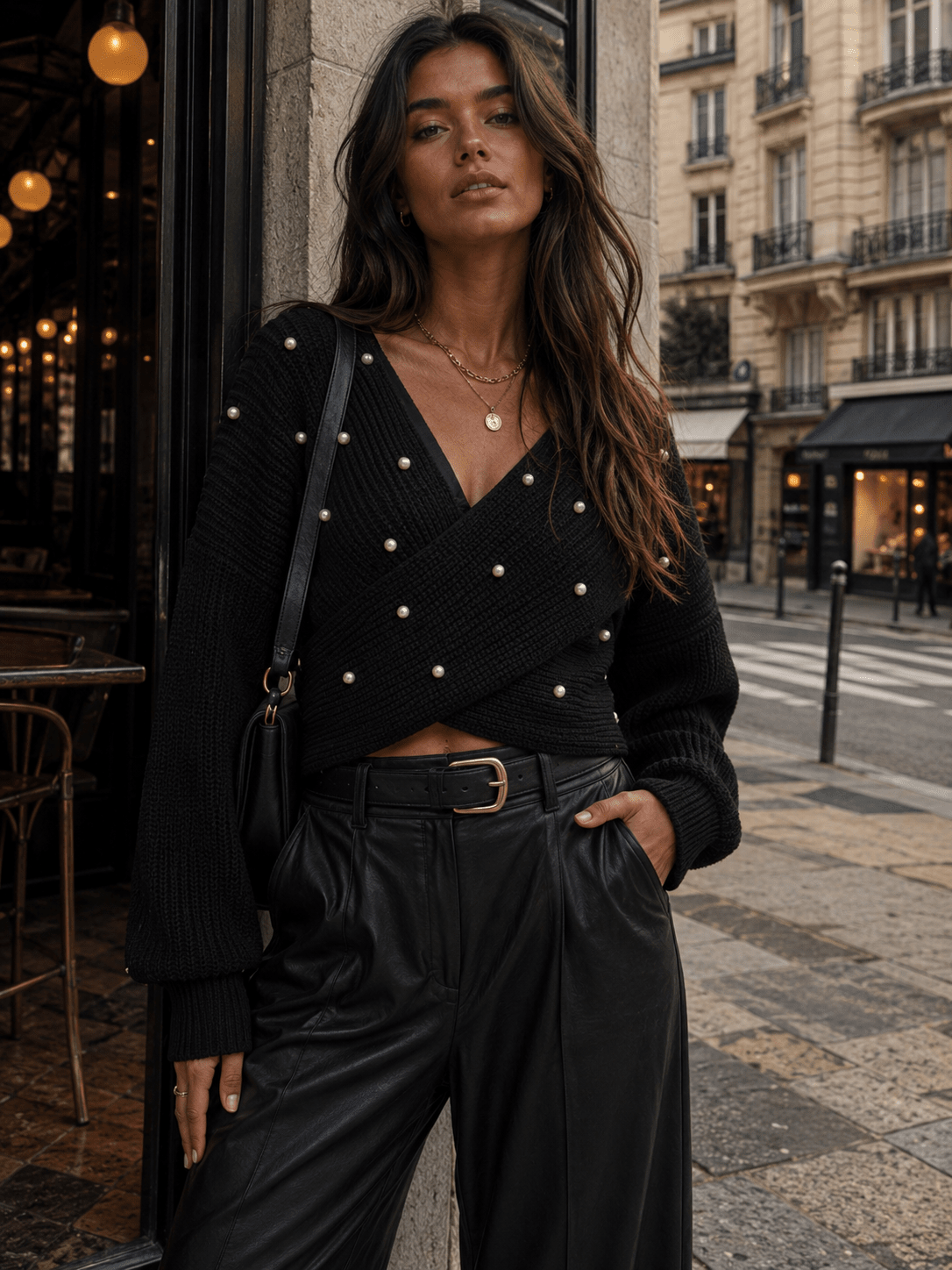 WOMEN'S LONG SLEEVE V-NECK SURPLICE PEARL RIBBED CROP TOP