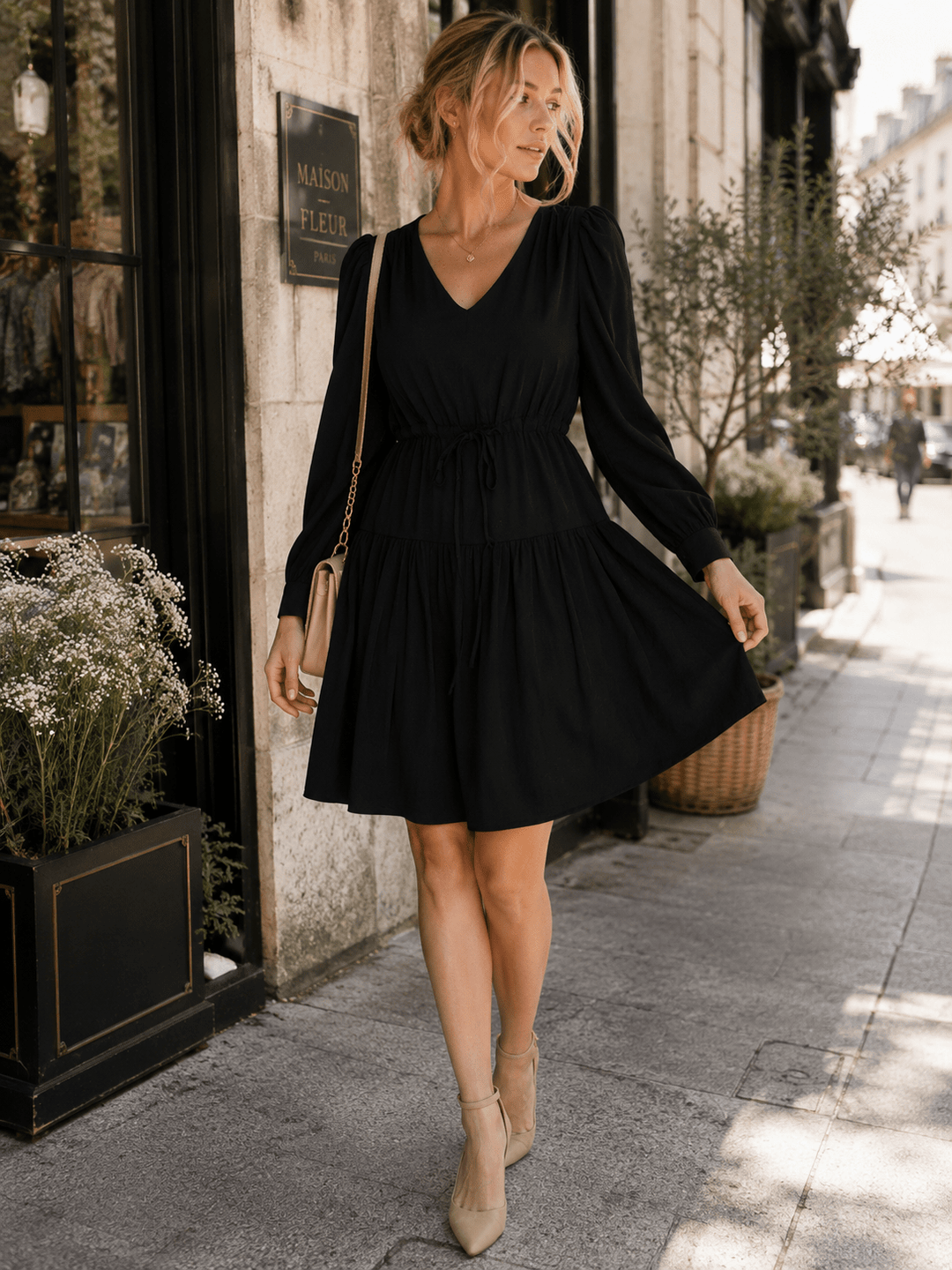 WOMEN'S LONG SLEEVE V-NECK FIT & FLARE TIERED MIDI DRESS