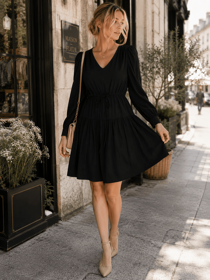 WOMEN'S LONG SLEEVE V-NECK FIT & FLARE TIERED MIDI DRESS