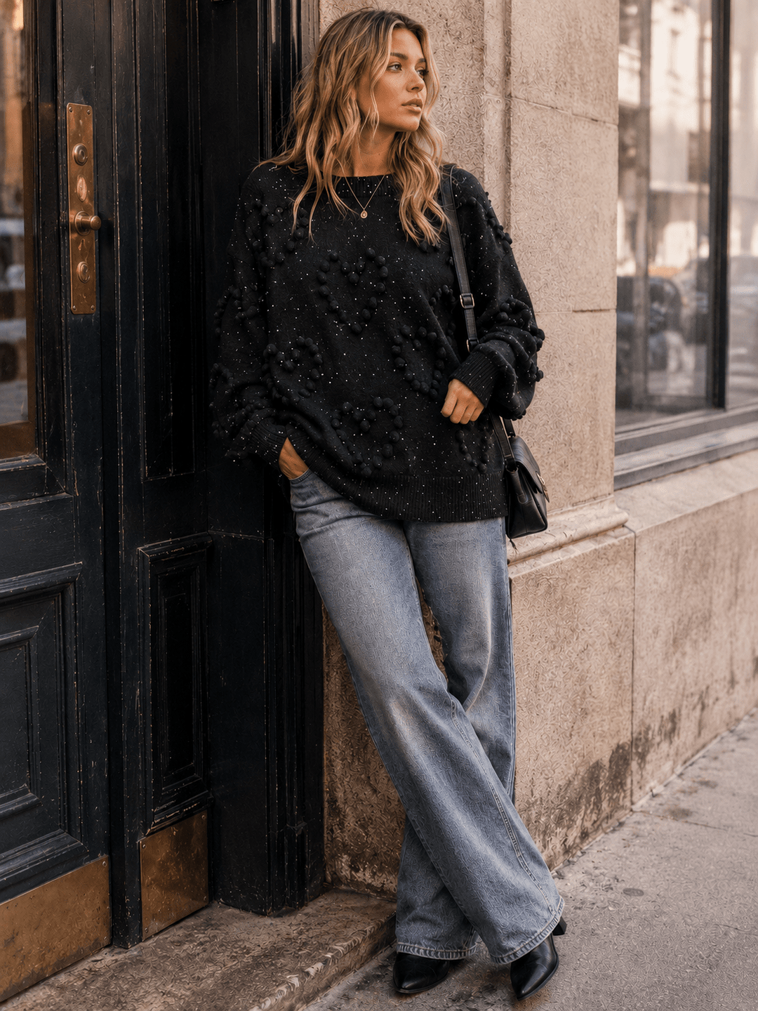 WOMEN'S LONG SLEEVE SEQUINS POM POM PULLOVER SWEATER