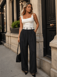 WOMEN'S ELASTIC WAIST BUTTON CLOSURE FRONT POCKETS STRAIGHT LEGS PANTS