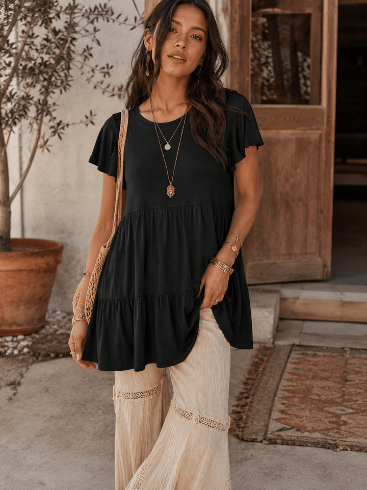 WOMEN'S SHORT SLEEVE LOOSE FIT TIERED TUNIC TOP