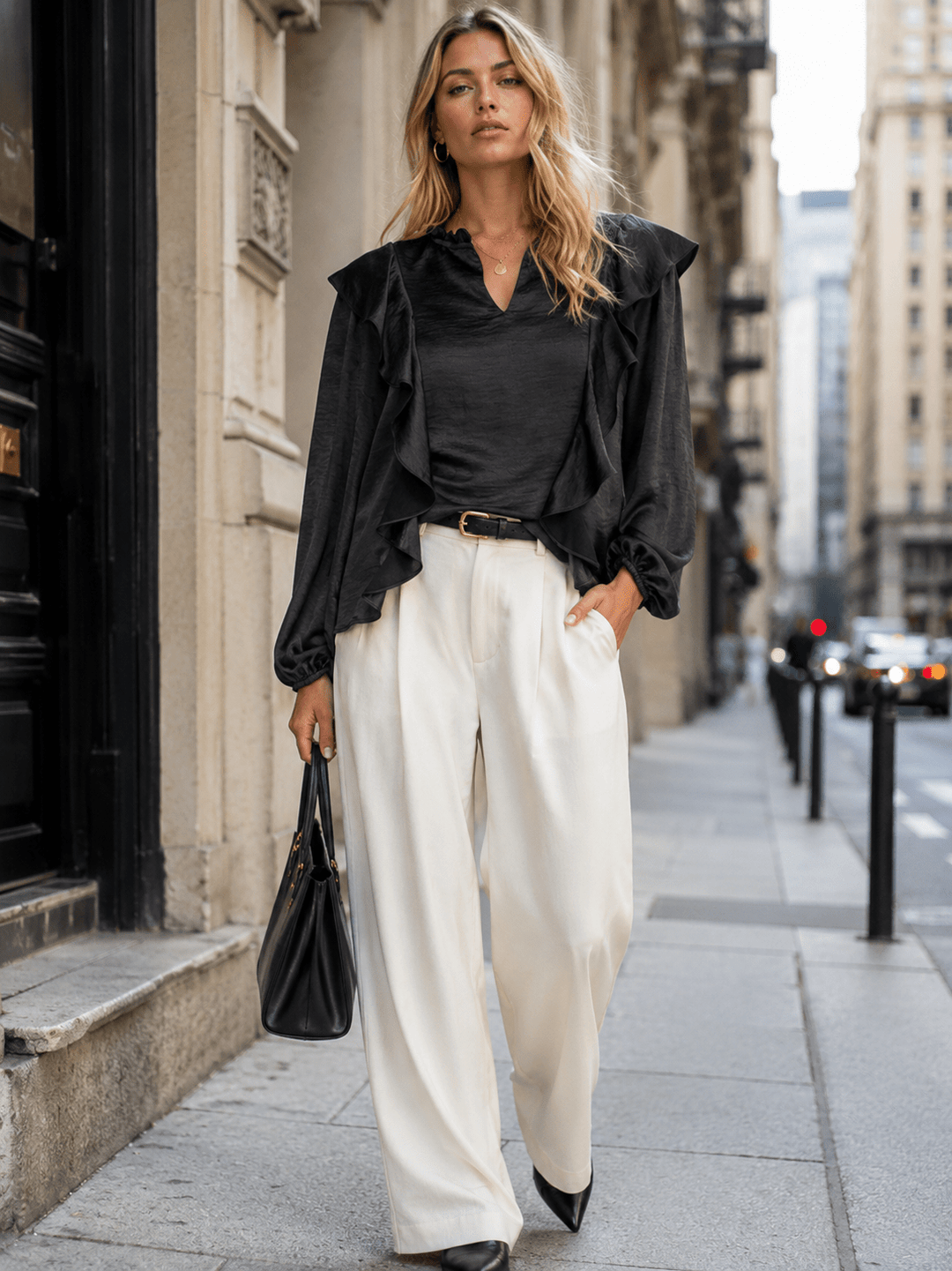 WOMEN'S LONG SLEEVE V-NECK RUFFLE BLOUSE