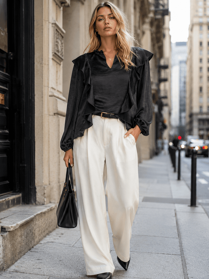 WOMEN'S LONG SLEEVE V-NECK RUFFLE BLOUSE