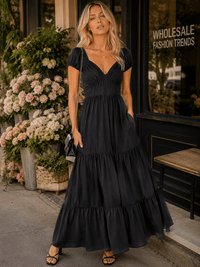 WOMEN'S SHORT PUFF SLEEVE V-NECK ELASTIC WAIST TIERED MAXI DRESS