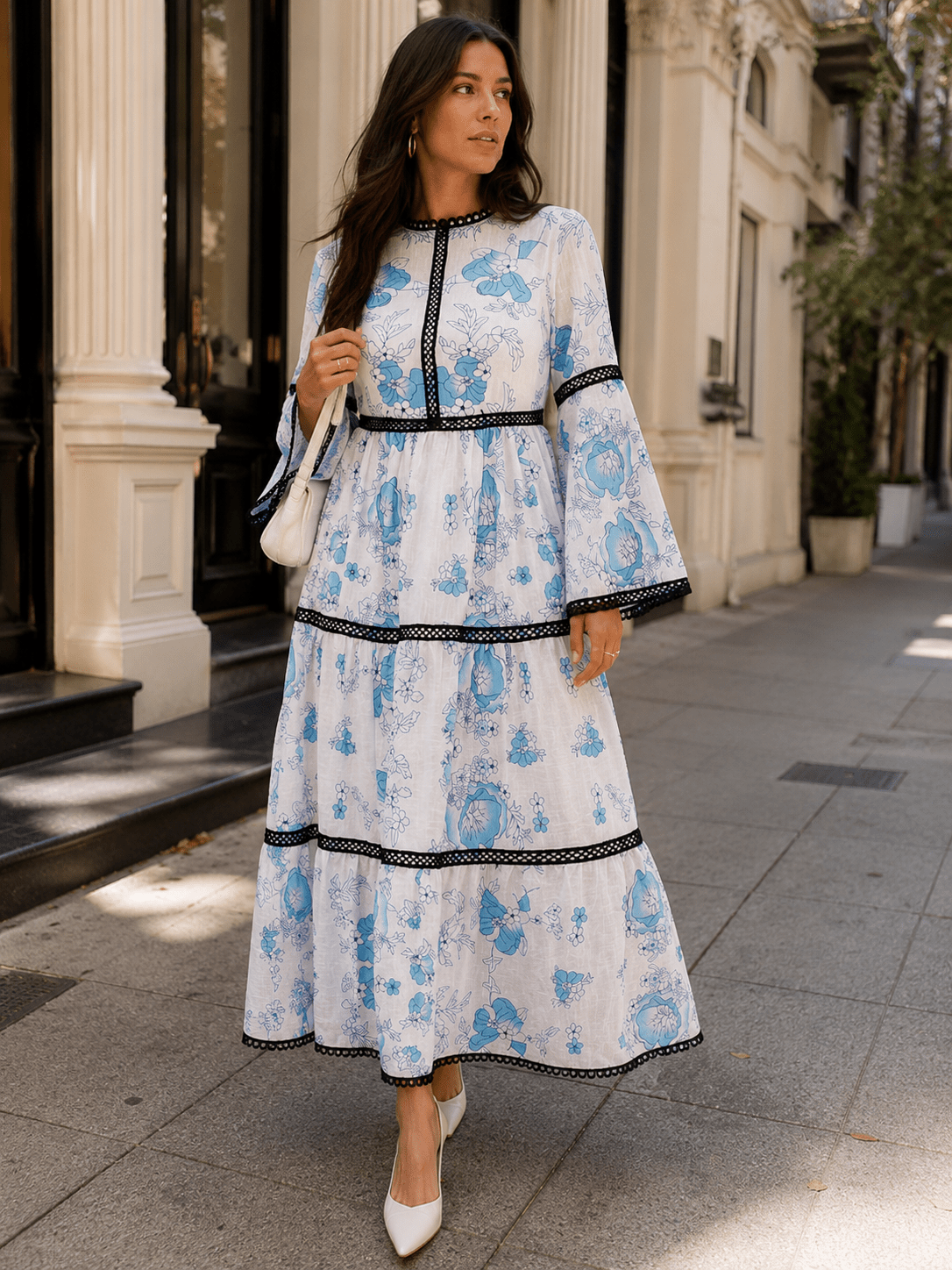 WOMEN'S LONG BELL SLEEVE TIERED FLORAL PRINT MAXI DRESS