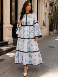 WOMEN'S LONG BELL SLEEVE TIERED FLORAL PRINT MAXI DRESS