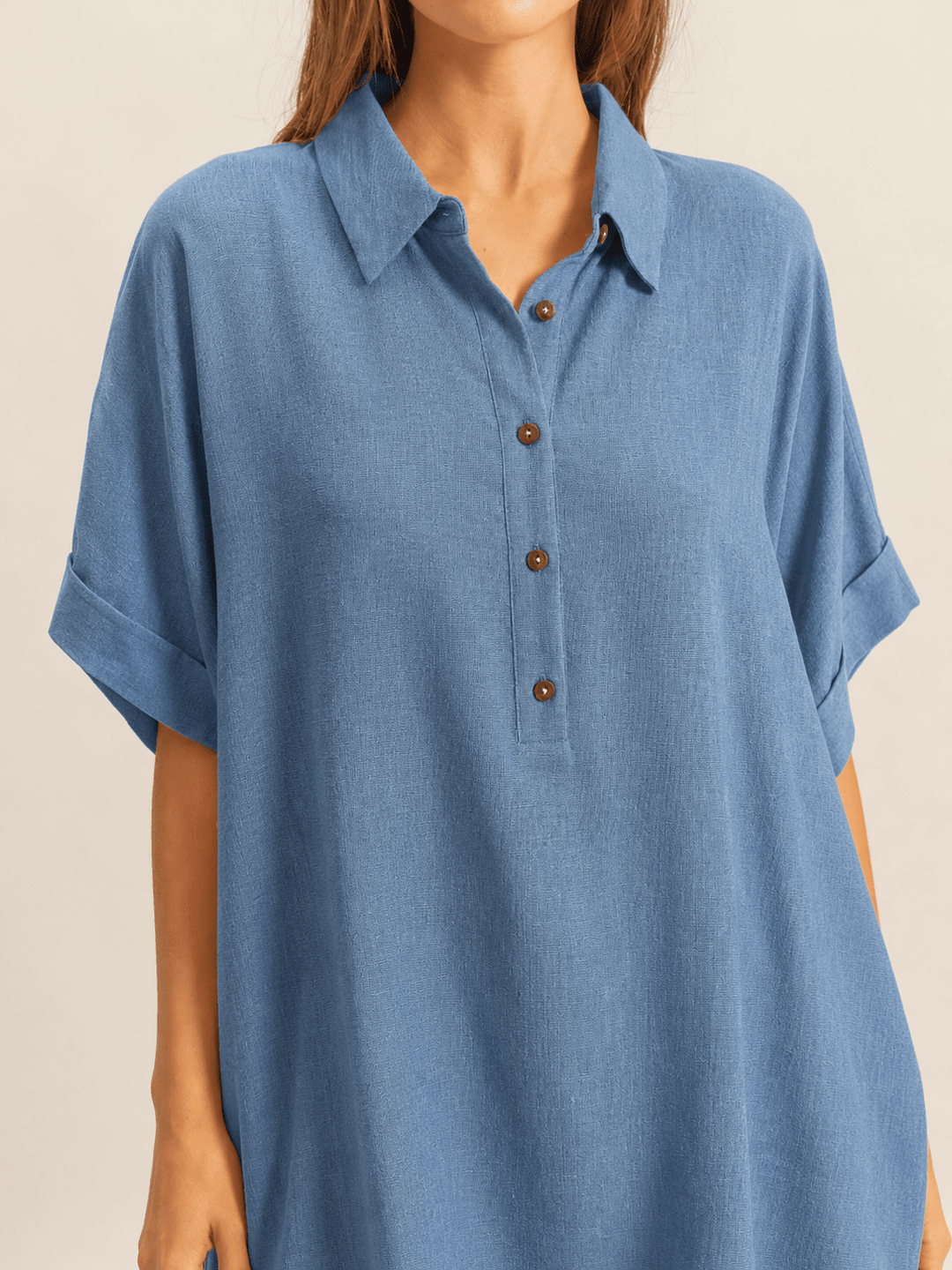 WOMEN'S SHORT SLEEVE BUTTON UP TIERED TUNIC TOP