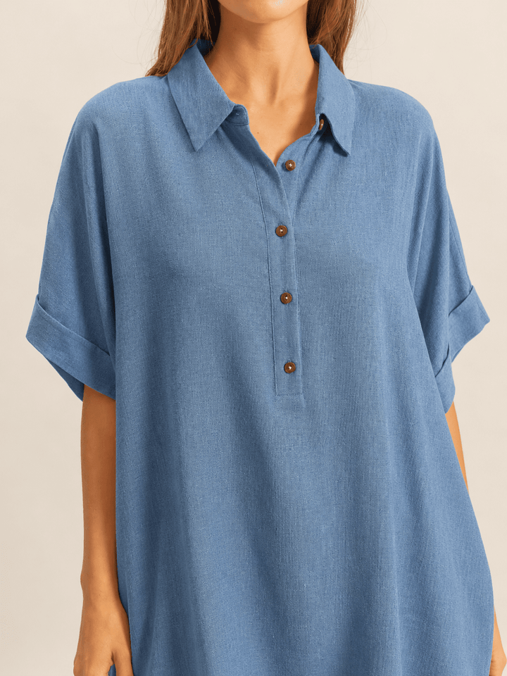 WOMEN'S SHORT SLEEVE BUTTON UP TIERED TUNIC TOP