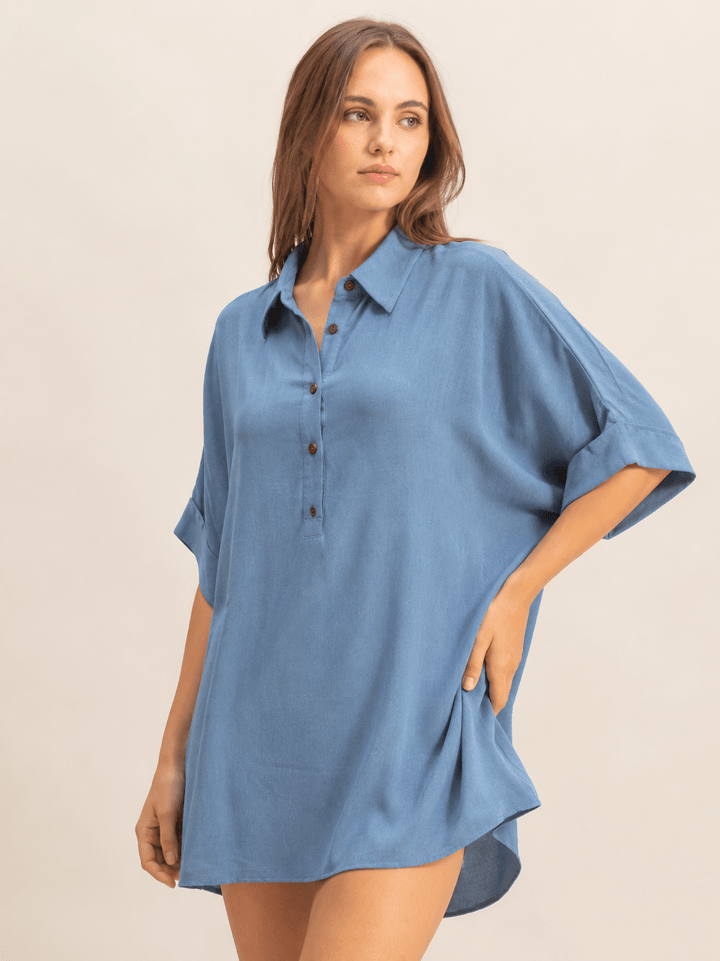 WOMEN'S SHORT SLEEVE BUTTON UP TIERED TUNIC TOP