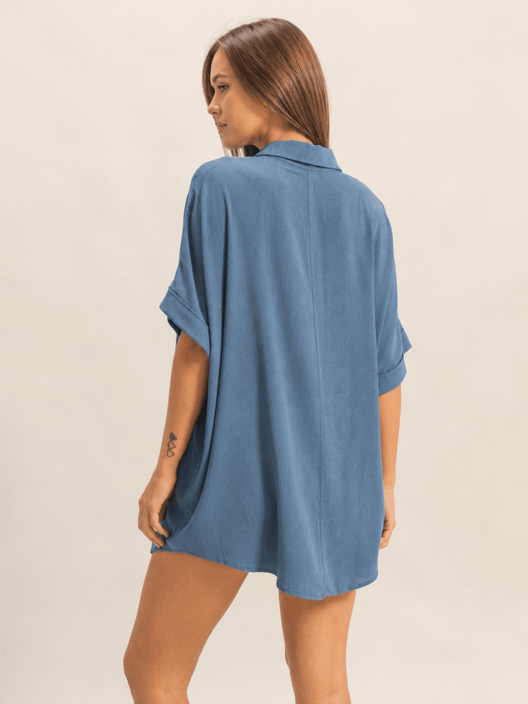 WOMEN'S SHORT SLEEVE BUTTON UP TIERED TUNIC TOP