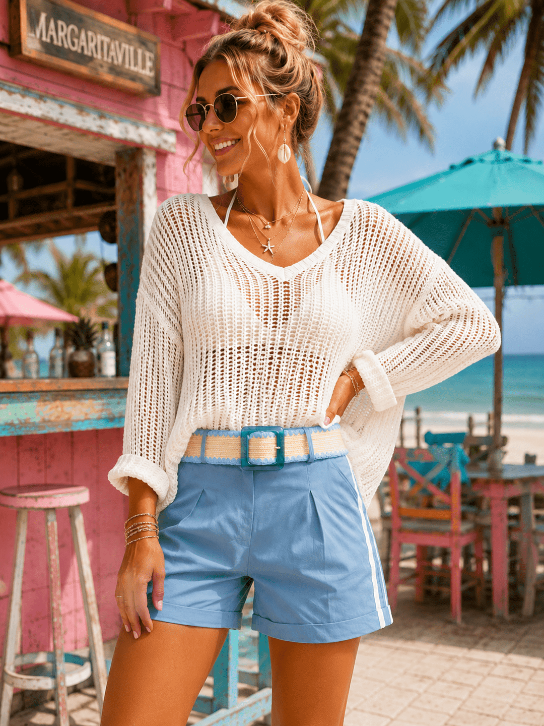WOMEN'S BUTTON CLOSURE FRONT POCKETS BELTED MINI SHORTS