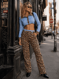 WOMEN'S LONG SLEEVES BUTTON UP TOP & ELASTIC WAIST POCKETS STRAIGHT LEG PANTS ANIMAL PRINT 2PC. SET