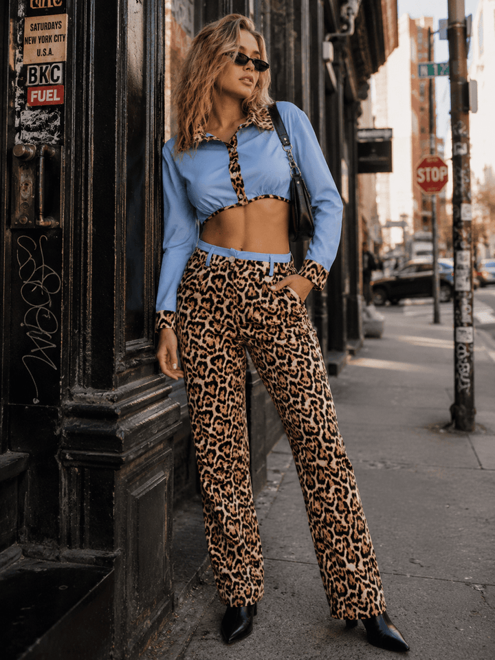 WOMEN'S LONG SLEEVES BUTTON UP TOP & ELASTIC WAIST POCKETS STRAIGHT LEG PANTS ANIMAL PRINT 2PC. SET