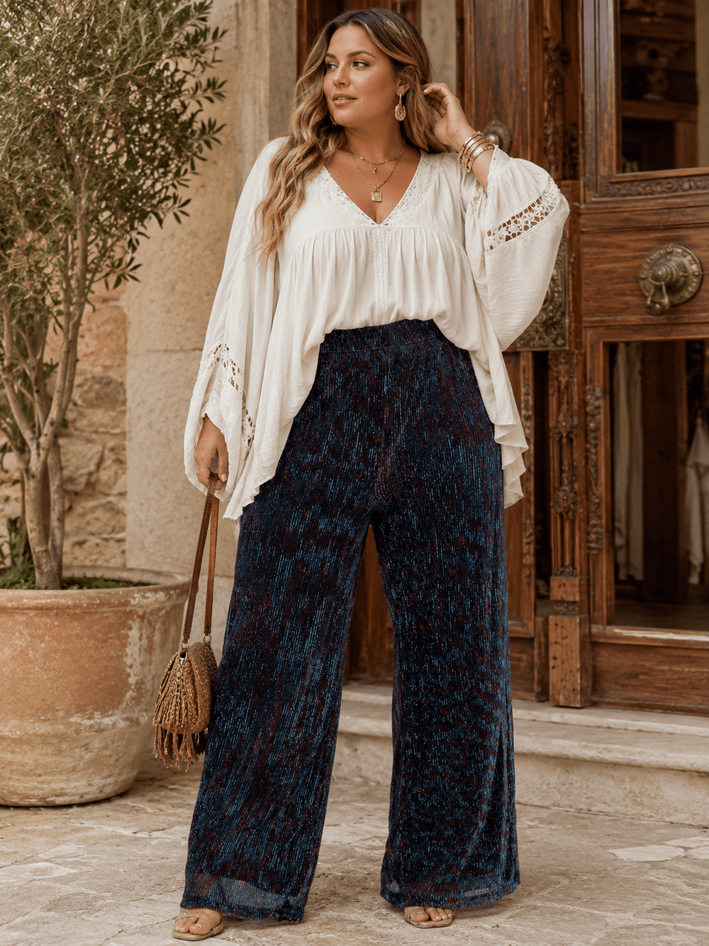 PLUS SIZE ELASTIC WAIST SHIMMER WIDE LEG PANTS