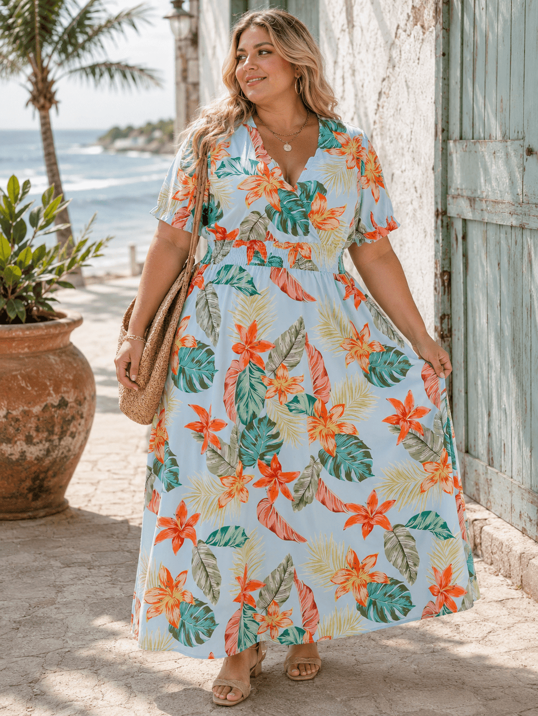 PLUS SIZE SHORT SLEEVE SURPLICE SMOCK WAIST FLORAL MAXI DRESS ICE BLUE / 2-2-2 (1X-2X-3X)