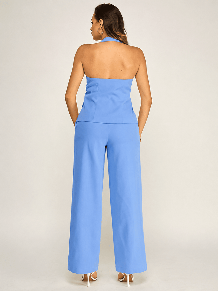 WOMEN'S HALTER NECK BUTTON CLOSURE TOP & BUTTON CLOSURE POCKETS WIDE LEG PANTS 2PC. SET