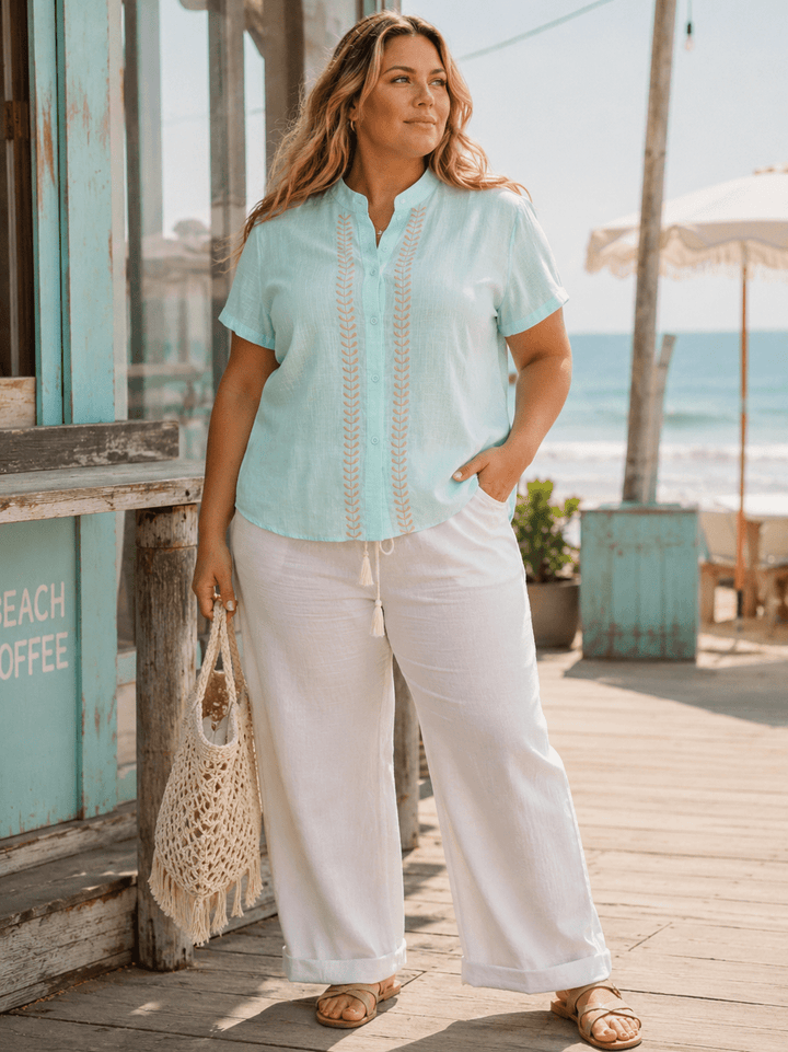 PLUS SIZE SHORT SLEEVE BUTTON UP EMBROIDERY TRIM BLOUSE