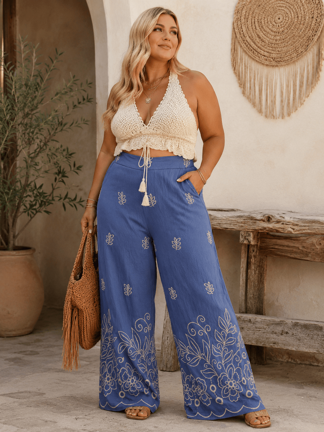 PLUS SIZE ELASTIC WAIST FRONT POCKETS FLORAL EMBROIDERY WIDE LEG PANTS