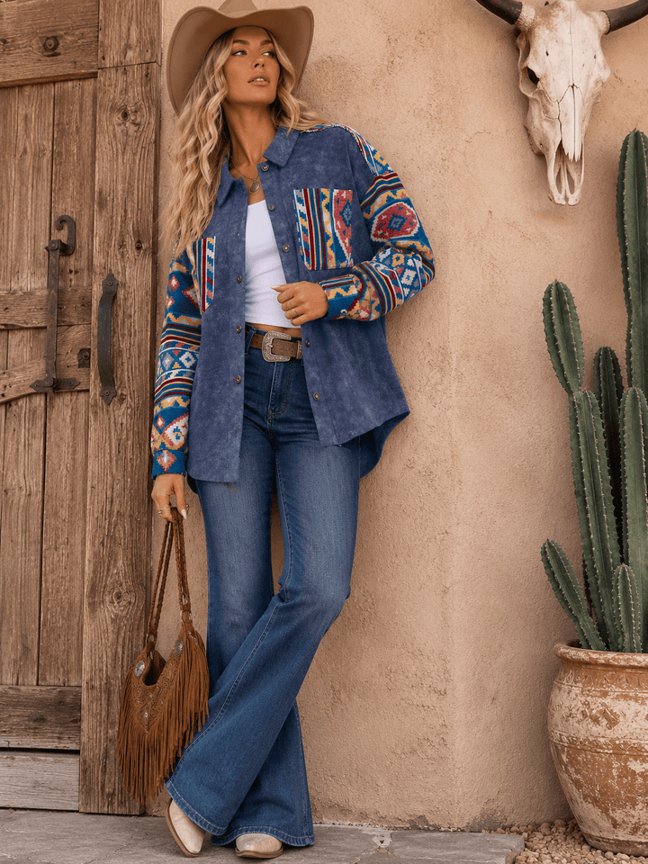 WOMEN'S LONG SLEEVE BUTTON UP FRONT POCKETS MULTI PRINT JACKET