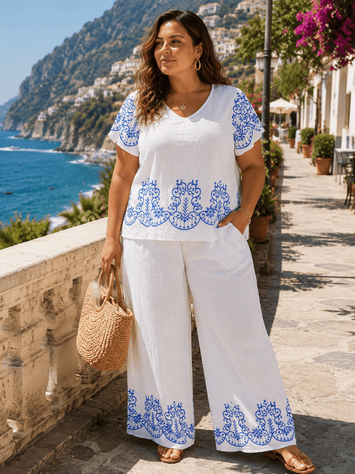 PLUS SIZE SHORT SLEEVE BLOUSE & ELASTIC WAIST PANTS MULTI PRINT 2PC. SET
