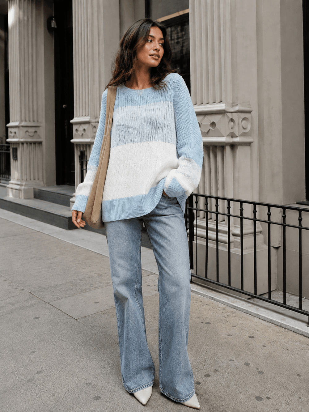 WOMEN'S LONG DETAILED SLEEVE COLORBLOCK KNIT PULLOVER SWEATER