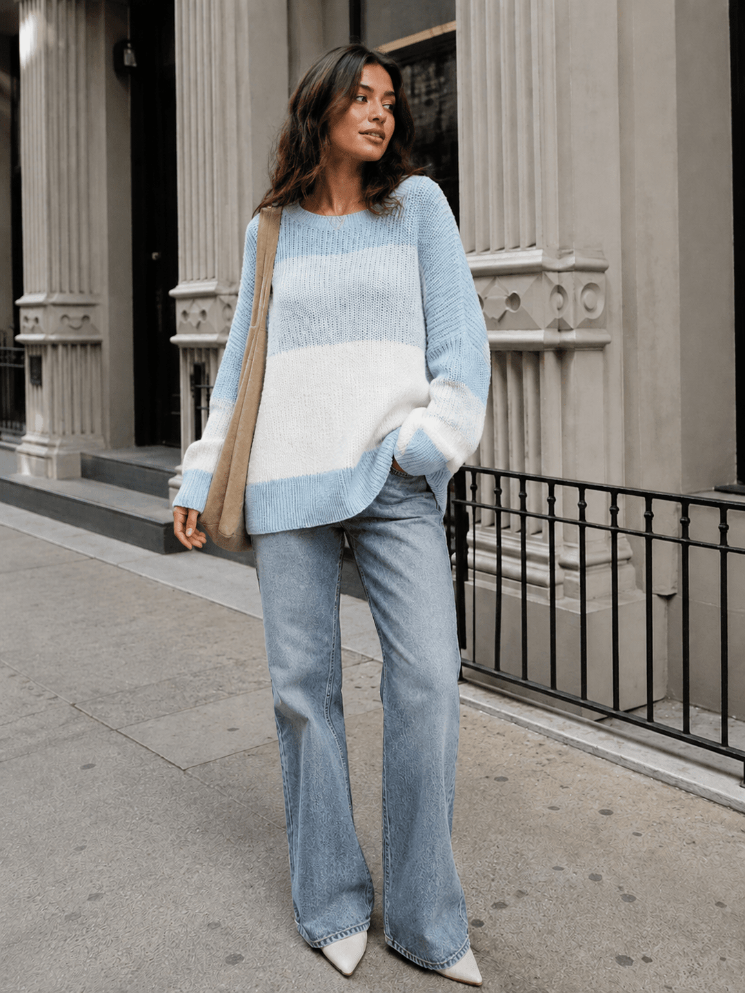 WOMEN'S LONG DETAILED SLEEVE COLORBLOCK KNIT PULLOVER SWEATER